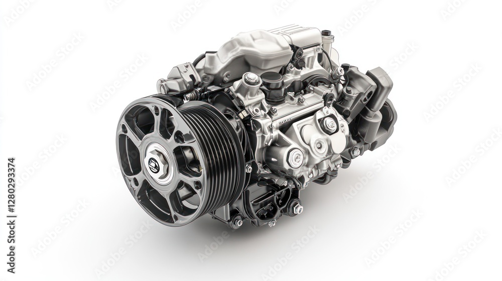 Poster close-up of a powerful, complex engine, showcasing intricate mechanical details against a stark whit