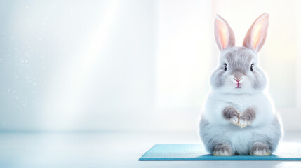 Fototapeta premium fluffy bunny doing yoga on mat, radiating calm and joy