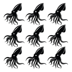 Black and White Squid Vector Illustration Pattern: Sea Creature Graphic Design, Marine Life Art, Seafood Icon, Nautical Theme, Ocean Animal Clipart
