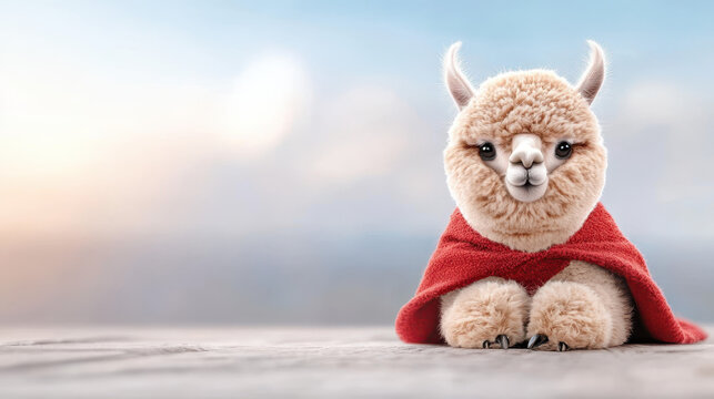 Fluffy alpaca wearing superhero cape, looking adorable and heroic