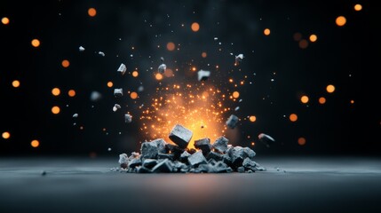 Explosion of rocks creating sparks dark studio digital art abstract environment