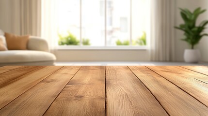 Empty wooden table against blurred living room backdrop for product display and montage
