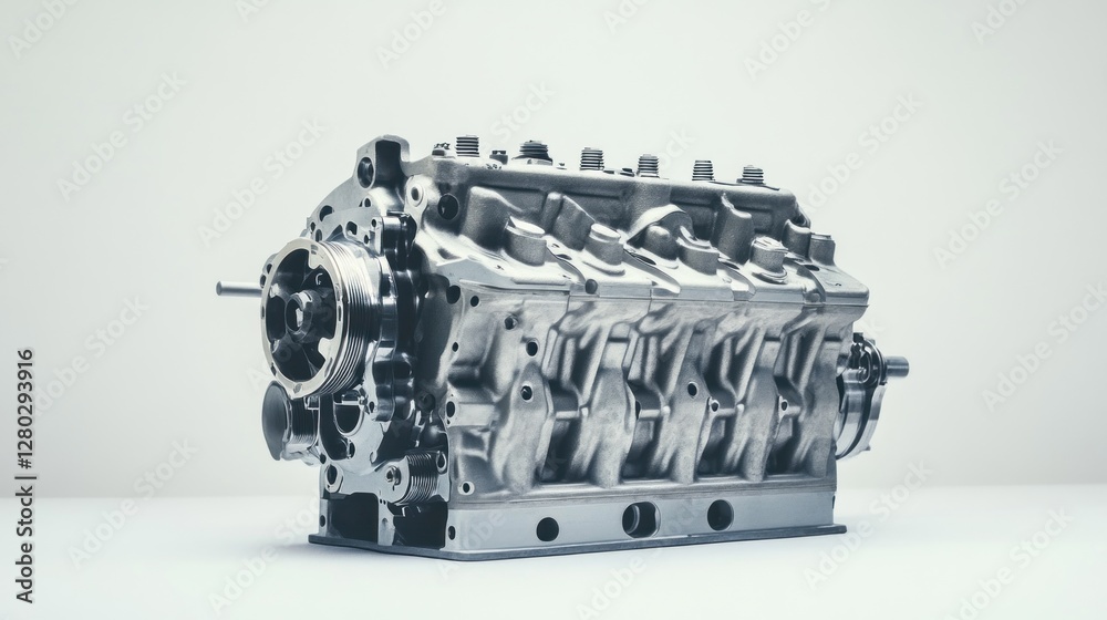 Poster close-up of a powerful, metallic v8 engine block, showcasing intricate details and mechanical precis