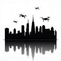 Obraz premium Futuristic skyline with drones hovering, cyberpunk themes