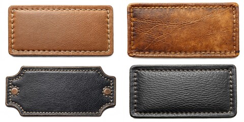 Four leather tags with different colors and designs. The tags are black, brown, and tan. The tan tag is the most prominent, and the black tag is the smallest