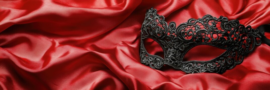 Elegant Black Carnival Mask on Red Satin Background