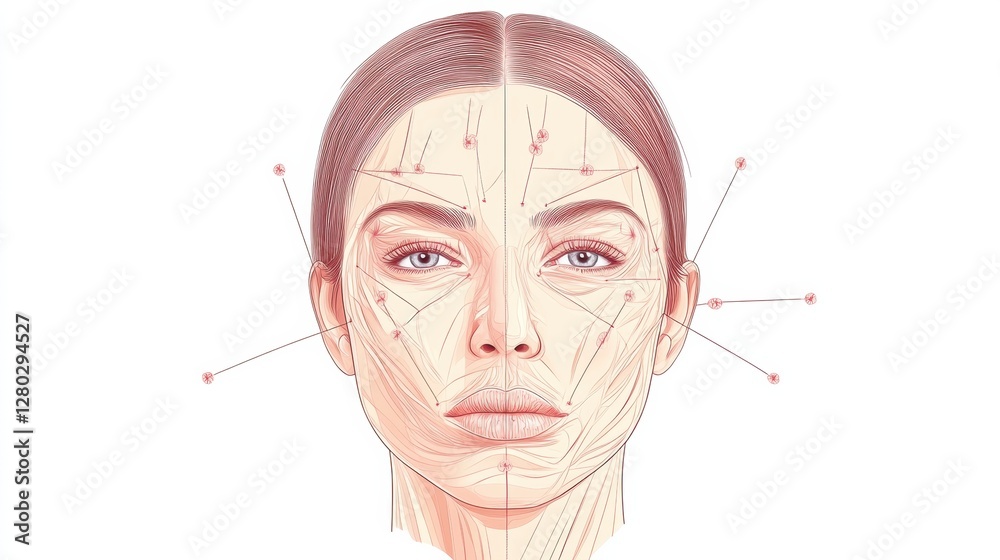 Poster detailed medical illustration of a female face with botox injection points and anatomical features h