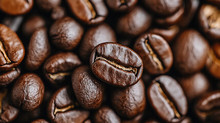Fototapeta premium Close-up of rich, dark coffee beans showcasing their texture and sheen, inviting coffee lovers to enjoy their aromatic essence.