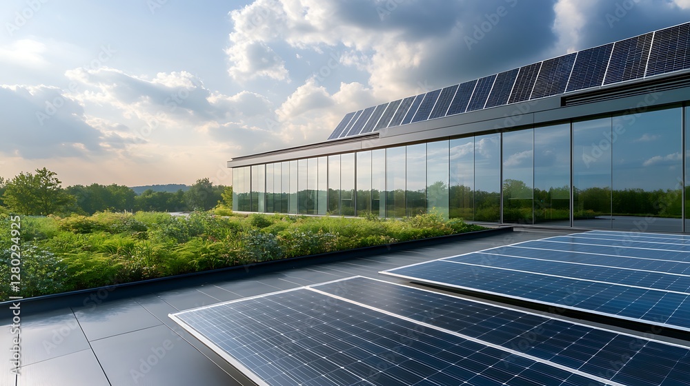 Poster modern energy-efficient office building featuring a rooftop design for sustainable architecture.
