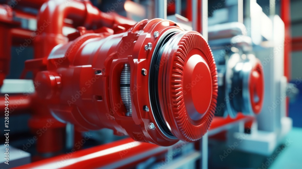 Aufkleber close-up of a red industrial machine component in a factory setting.