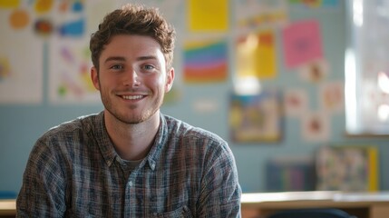 Obraz premium This vibrant portrait captures a young male teacher smiling in a bright classroom filled with colorful artwork, embodying positivity and creativity in education.