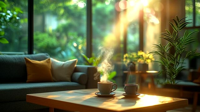Cozy living room with steaming coffee on wooden table and sunlight streaming through windows. Seamless looping 4K time-lapse animation video background