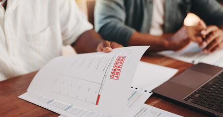 Document, hands and people in home with debt, financial planning or tax invoice for mortgage loan....