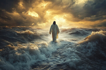 Jesus walking on water under a stormy sky with waves crashing around Him, illuminated by a soft glow emanating from His figure.