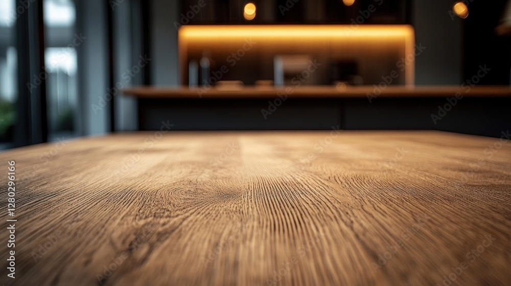 Poster close-up of a rustic wooden table in a modern kitchen.