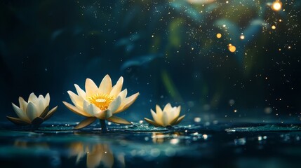 Tranquil Scene with Water Lilies Blooming in Serene Pond Surrounded by Soft Glowing Light and Gentle Water Reflections