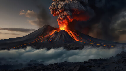 Dramatic Volcanic Eruption with Flowing Lava and Thick Smoke Clouds