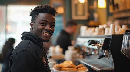 A young male barista smiles brightly while serving coffee in a vibrant cafe. The atmosphere is warm and welcoming, showcasing a busy coffee shop scene.