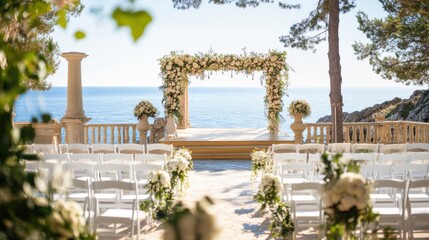 Oceanside Wedding Ceremony Floral Arch Setup