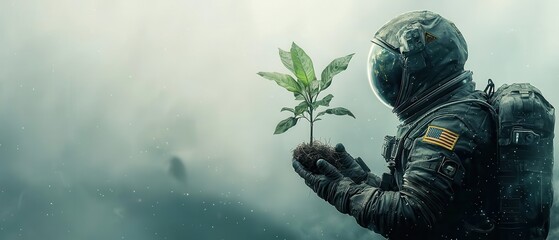 Globalization and environment concept. Astronaut holding a small plant in a misty, atmospheric environment.