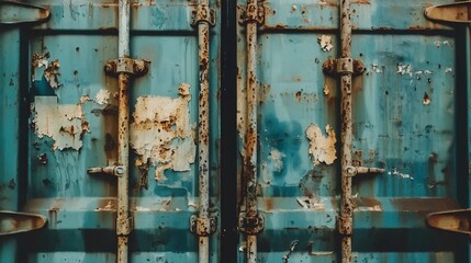 Rusted, weathered teal shipping container doors.
