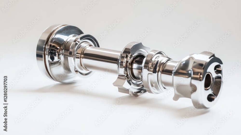 Fototapete close-up of a shiny, chrome-plated mechanical component, possibly a driveshaft or axle assembly, sho