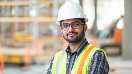 A young South Asian male engineer poses confidently at a construction site, showcasing his professionalism and commitment to safety in the workplace.