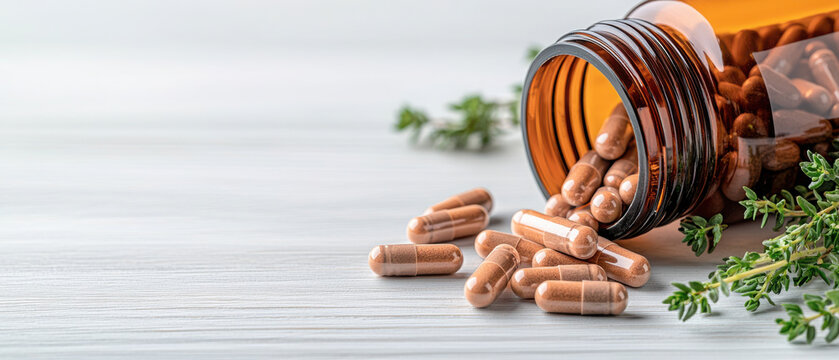 Natural Supplements with Essential Minerals for Health and Wellness, Brown capsules spilling from bottle on wooden surface