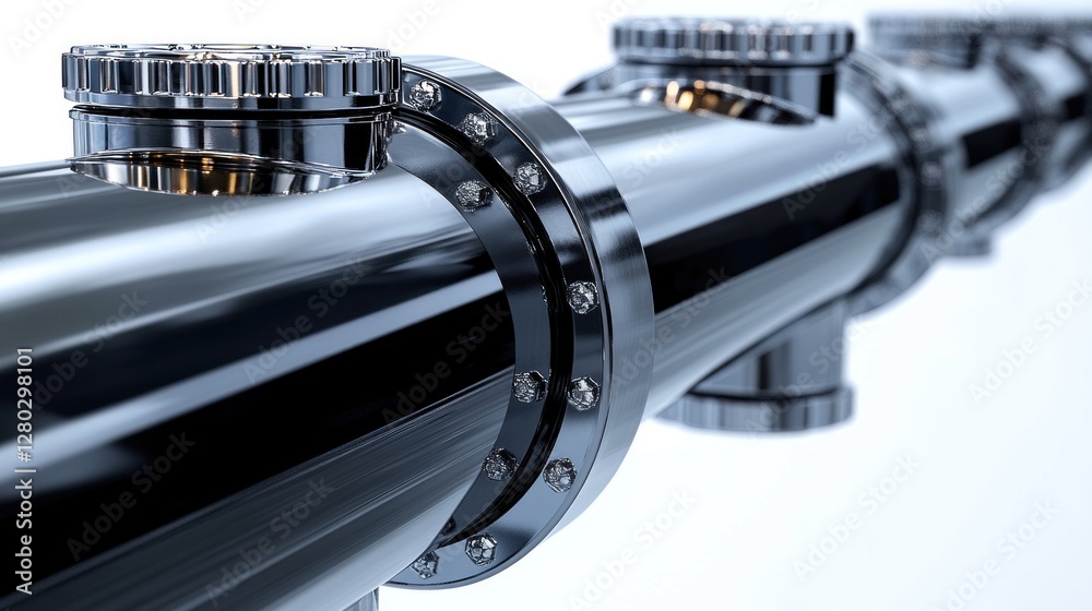 Aufkleber close-up of a shiny metallic pipe with multiple valves and bolts.