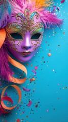 Obraz premium Elegant Gold Masquerade on Blue Background and Copy Space for Happy Carnival Celebration.