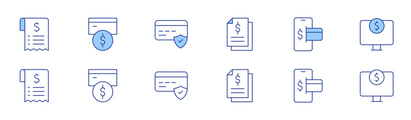 Payment icon set in two styles, Duotone and Thin Line style. Editable stroke. bill, card payment, file, mobile payment, online money, online payment