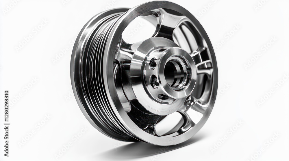 Poster close-up of a shiny, metallic pulley with intricate design, isolated on white background.
