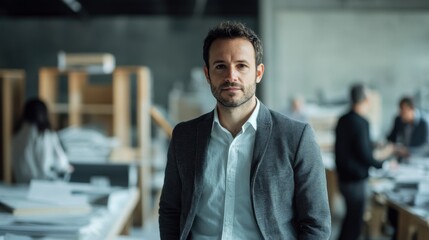 A young European male architect stands confidently in a modern office, surrounded by design materials. His professional demeanor showcases creativity and focus in architecture.
