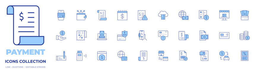 Payment icons collection. Line Duotone style, editable stroke. bank, bill, calculator, car sharing, cloud banking, coins, contactless, credit card, edc, ewallet