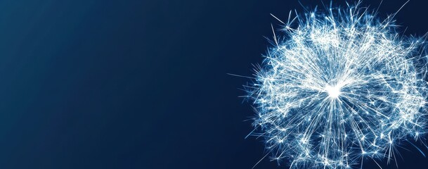 Abstract representation of a glowing dandelion seed head with luminous fibers radiating in different directions against a dark blue background