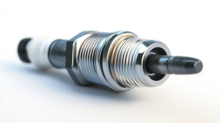 Close-up of a shiny new spark plug on white background.