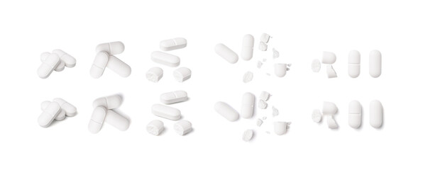 Broken Pills Isolated, Crushed Aspirin, Split Tablet, Broken Pill Capsules, Crumbling White Drugs on White Background