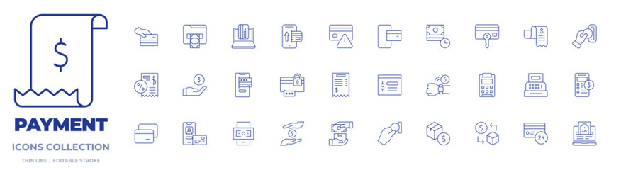 Payment icons collection. Thin Line icons, editable stroke. bill, card payment, cash on delivery, cash register, credit card, income, insert coin, payment