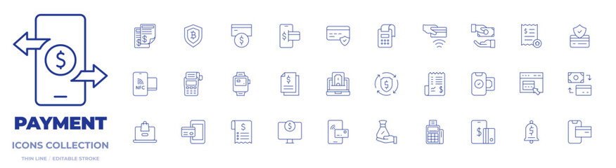Payment icons collection. Thin Line icons, editable stroke. bill, card payment, contactless, file, give money, invoices, laptop, mobile payment, nfc, payment