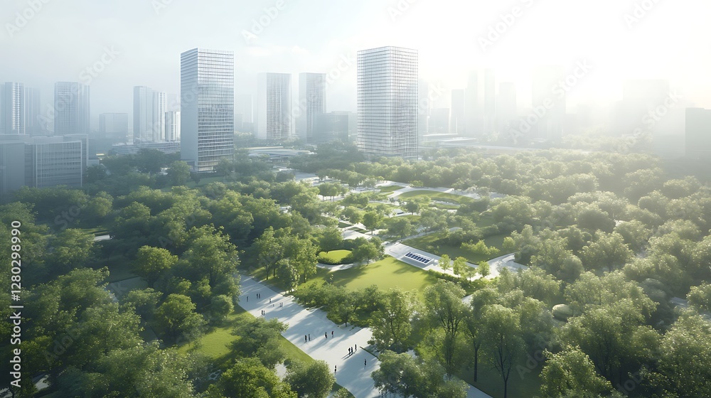 Aufkleber image depicting a smart business district focused on achieving a net-zero carbon footprint.