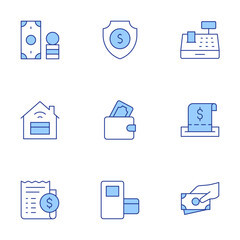 Payment icons set. Line Duotone style, editable stroke. bill, cashier, money, online payment, pos, shield, wallet
