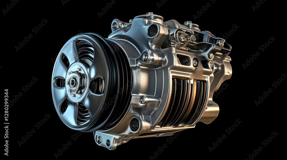 Poster close-up of a silver automotive air conditioning compressor, isolated on black background, showcasin