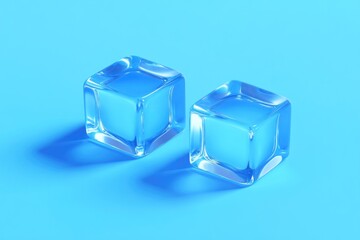 Two transparent ice cubes on blue background.