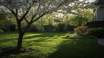 Obraz premium Springtime view of a home exterior featuring lush green grass, blooming trees, and flowering bushes under natural ambient light with a clean and simple composition