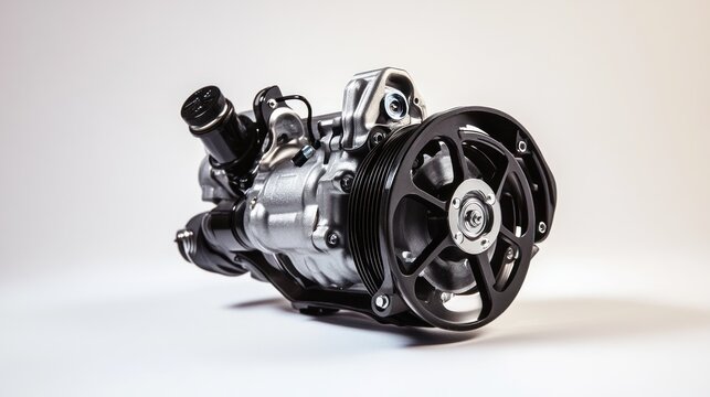 Close-up of a silver and black automotive air conditioning compressor isolated on white background.
