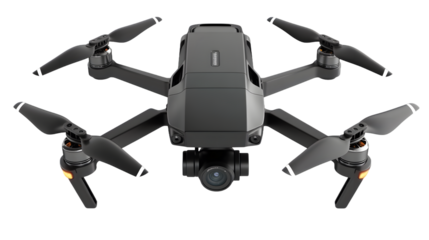 Drone with four propellers and camera isolated on white background