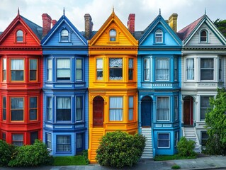 Vibrant victorian row houses san francisco architectural photography urban environment front view colorful community