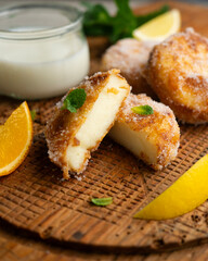 Delicious Spanish dessert LECHE FRITA traditional to prepare for the Easter holiday.