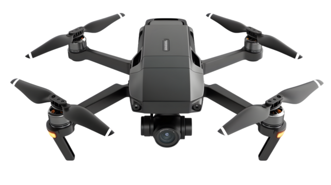 Drone with four propellers and camera isolated on white background