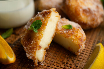 Delicious Spanish dessert LECHE FRITA traditional to prepare for the Easter holiday.